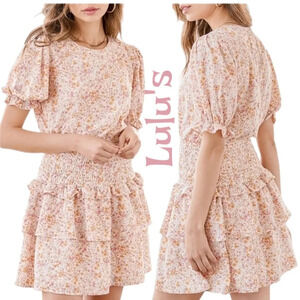 Lulu's Womens Isn't She Darling Blush Floral Puff Sleeve Mini Dress Sz L Spring